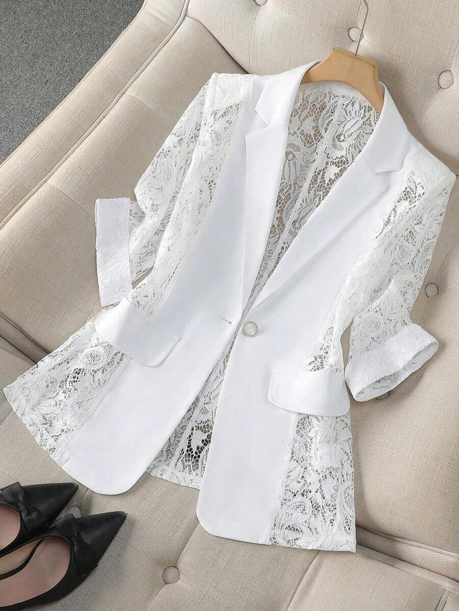 Sheer White Blazer Jacket For Women, Thin Style, Casual Office Wear, 3/4 Sleeve, Petite Spring - trắng - Xem 1