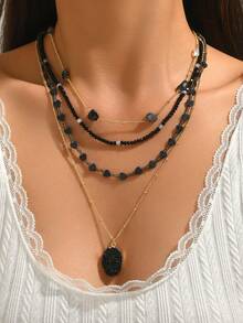 1 buah Kalung Liontin Manik-Manik Berlapis Gaya Bohemian Kreatif untuk Wanita, Cocok untuk Pemakaian Sehari-hari dan Liburan - Hitam - N362 - View 3