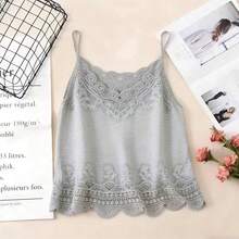 Camiseta de tirantes de mujer de verano con bordado de encaje calado y parches de unicolor en estilo vintage y casual - Gris - Ver 2