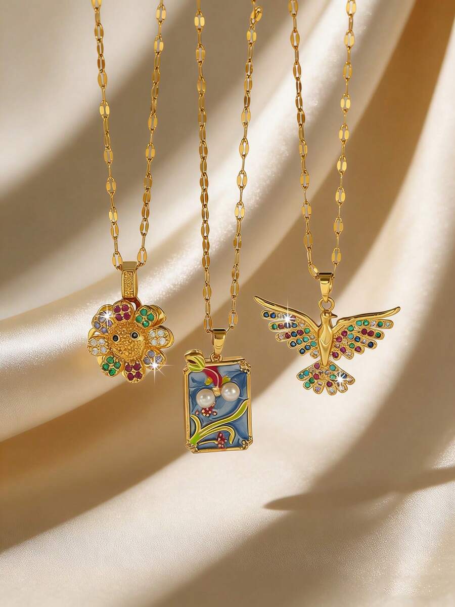 1 pieza Collar colgante cuadrado con diseño de nicho, pintura de perla esmaltada vintage para mujeres, elegante y lujoso para uso diario, adecuado como regalo para la novia en días festivos, aniversarios y cumpleaños - Dorado - Ver 1