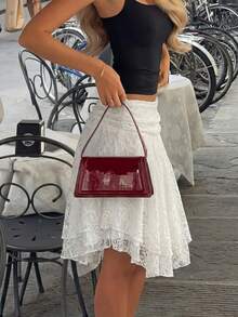 Women's French Retro White Heavy Lace High Waist Asymmetrical Ruffle Hem A-Line Midi Skirt, Spring/Summer - White - View 3