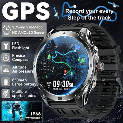 2026 New Unisex Outdoor Sports Smart Watch With 850mAh Large Battery, LED Flashlight And Compass. It Features A 1.75-Inch 466*466 HD Display, Bluetooth Call, Voice Assistant, GPS Positioning, 100+ Sports Modes And Fitness Tracking. IP68 Waterproof And Compatible With IPhone & Android, It Is An Ideal Gift For Birthdays, Anniversaries And Outdoor Enthusiasts.