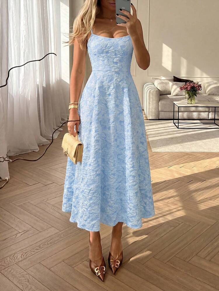 Floreya Summer Elegant Solid Color French Style High-End Graceful Waist  Decorated Slim Fit Sling Midi Dress, Blue Party | SHEIN USA
