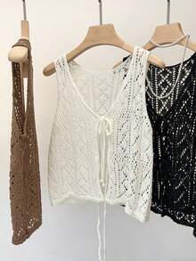 女士奶油色系带针织吊带背心，开襟无袖半透明夏季时尚，度假装，夏季上衣。 - 杏色 - 查看 8