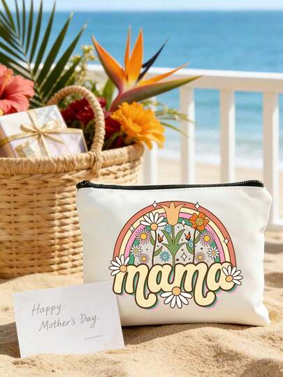 Women'S Elegant Mama-Themed Cosmetic Bag, Women'S Happy Mother'S Day Floral Makeup Bag, Reusable Toiletry Travel Bag, Multicolor Zipper Toiletry Case With "Mama" And Rainbow Flowers Print, Travel Essentials, Lightweight, Durable, Portable Makeup Organizer For Cosmetics, Skincare, Stationery, Thoughtful Gift For The Special Woman In Your Life, Suitable For Mother'S Day Gift, Birthday, Anniversary, Thanksgiving, Ideal Gift For Mom, Grandma, Wife, Teacher