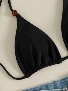 Women's Bikini Set, 2-Piece Solid Color Swimwear, Triangle Halter Top With High Leg Thong Bottom, Sexy Summer Beachwear, Ladies' Holiday Swimwear Vacation Black - Black - View 7