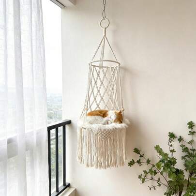 1 chiếc võng treo cho mèo bằng macrame, kiểu Bohemian, giường treo cho mèo, cây leo cho mèo kiểu công chúa, võng đu cho mèo làm thủ công bằng sợi dệt, phù hợp cho mọi mùa - Không bao gồm đệm.