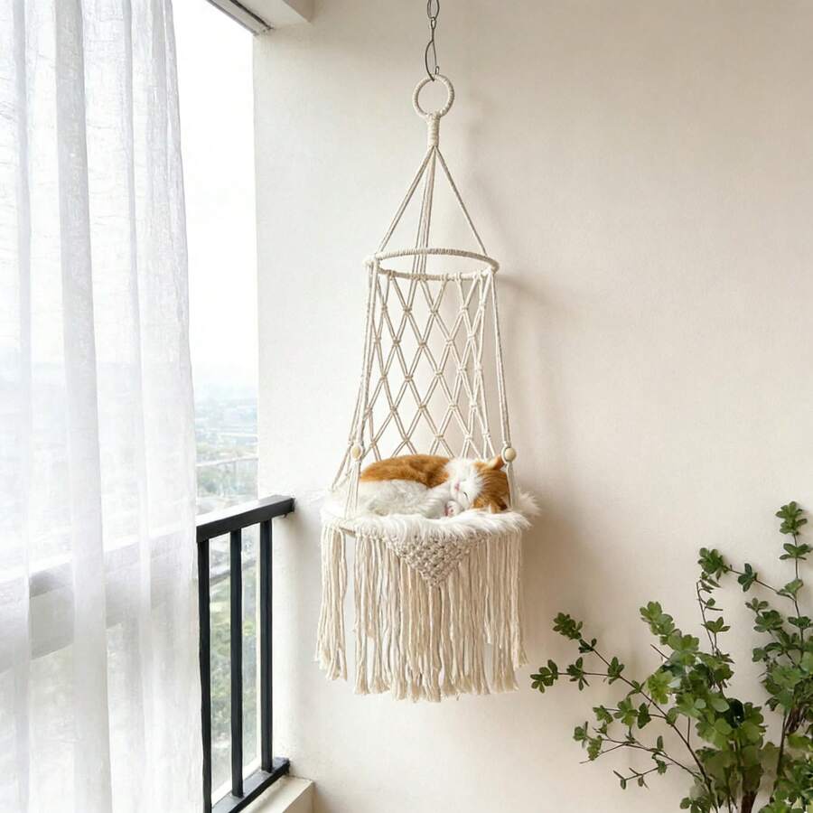 1 chiếc võng treo cho mèo bằng macrame, kiểu Bohemian, giường treo cho mèo, cây leo cho mèo kiểu công chúa, võng đu cho mèo làm thủ công bằng sợi dệt, phù hợp cho mọi mùa - Không bao gồm đệm. - Màu be - Xem 1