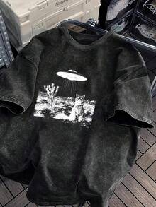 Summer Tops With UFO Cat Print, Summer Men's  Drop-Shoulder Sleeves, High-Quality Thick Heavy-Duty Oversized Boutique Vintage Washed Pure Cotton Round-Neck T-Shirt, Street Style Loose Hip-Hop Top, Short-Sleeve Shirt - 黑色 - 查看 2