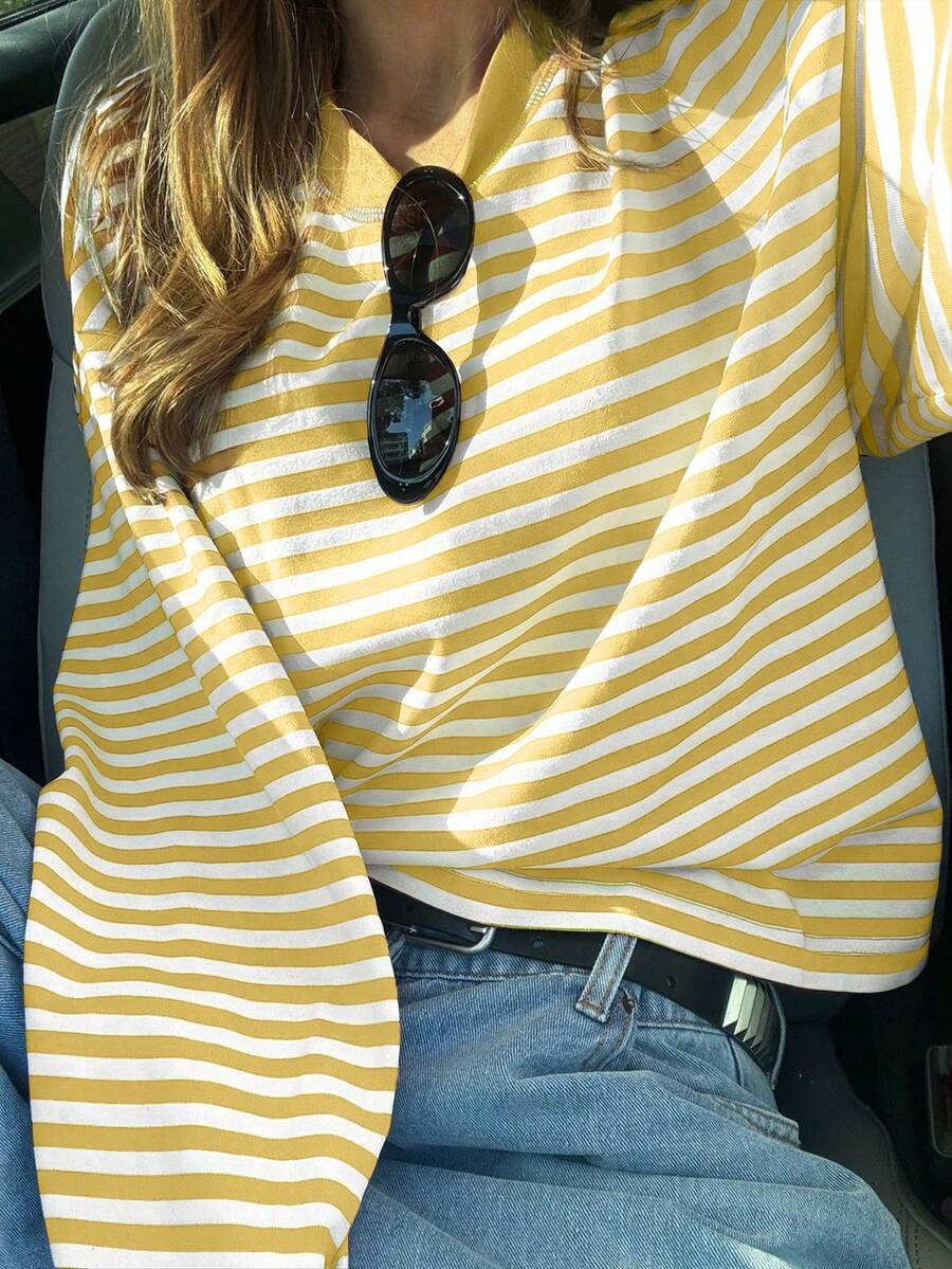SDNGED Women's Casual Top, Striped Color Block Ribbed Fabric, Everyday Wear Spring/Autumn Yellow