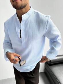 GloMan 男士立領亞麻長袖襯衫，輕量透氣寬鬆休閒款，適合夏季度假、派對、辦公室日常穿著，男士禮物，沙灘風 - 淺藍色 - 查看 4