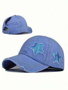 1pc Ladies' Embroidered 5-Pointed Star Washed Ponytail Distressed Baseball Cap, Sun Protection Leisure Hat Suitable For Spring/Autumn Travel, Beach Holidays, Men's Sun Hat, Y2K Style Youth Hat - Embroidery - View 8