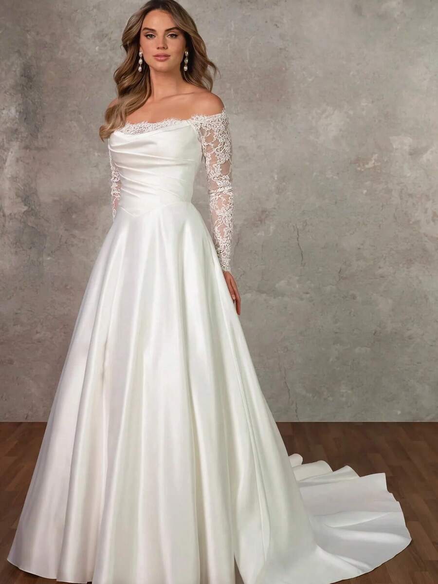 Off Shoulder Long Sleeve Satin Ball Gown Wedding Dress With Lace Sleeves And Train Vintage Elegant Bridal Gown For Indoor Wedding Christmas Halloween Prom Evening Party Birthday Celebration, Structured Satin Bodice With Ruched Waist Design Enhancing Body Proportion And Creating Defined Silhouette, Sheer Lace Long Sleeves Adding Vintage Inspired Detail And Soft Coverage For Seasonal Wear, Off Shoulder Neckline Offering Elegant Feminine Appeal And Balanced Shape, Smooth Satin Skirt Creating Full Volume With Graceful Movement And Extended Train For Ceremony Presence, Perfect For Vintage Weddings, Church Ceremonies, Autumn Winter Events, Featuring Classic Style, Elegant Texture, Refined Finish, Ideal For Brides Seeking Timeless Look With Lace Detail And Sophisticated Silhouette - 白色 - 查看 1