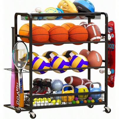 Aro de baloncesto, estantería con ruedas para almacenar pelotas deportivas, aro de baloncesto de doble que sostiene talla grande de 16 pelotas, estantería para almacenar pelotas con soporte para bates de béisbol y ganchos, para almacenar balones de baloncesto, fútbol, fútbol americano, etc. - Negro