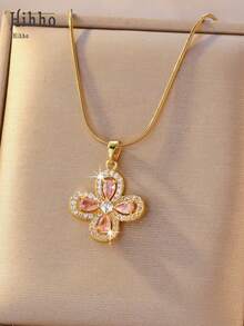 Hihho 1pc Elegant Cubic Zirconia Flower Pendant Necklace, Suitable For Students And Office Ladies, Gift For Girlfriend And Best Friend - Yellow Gold - View 1