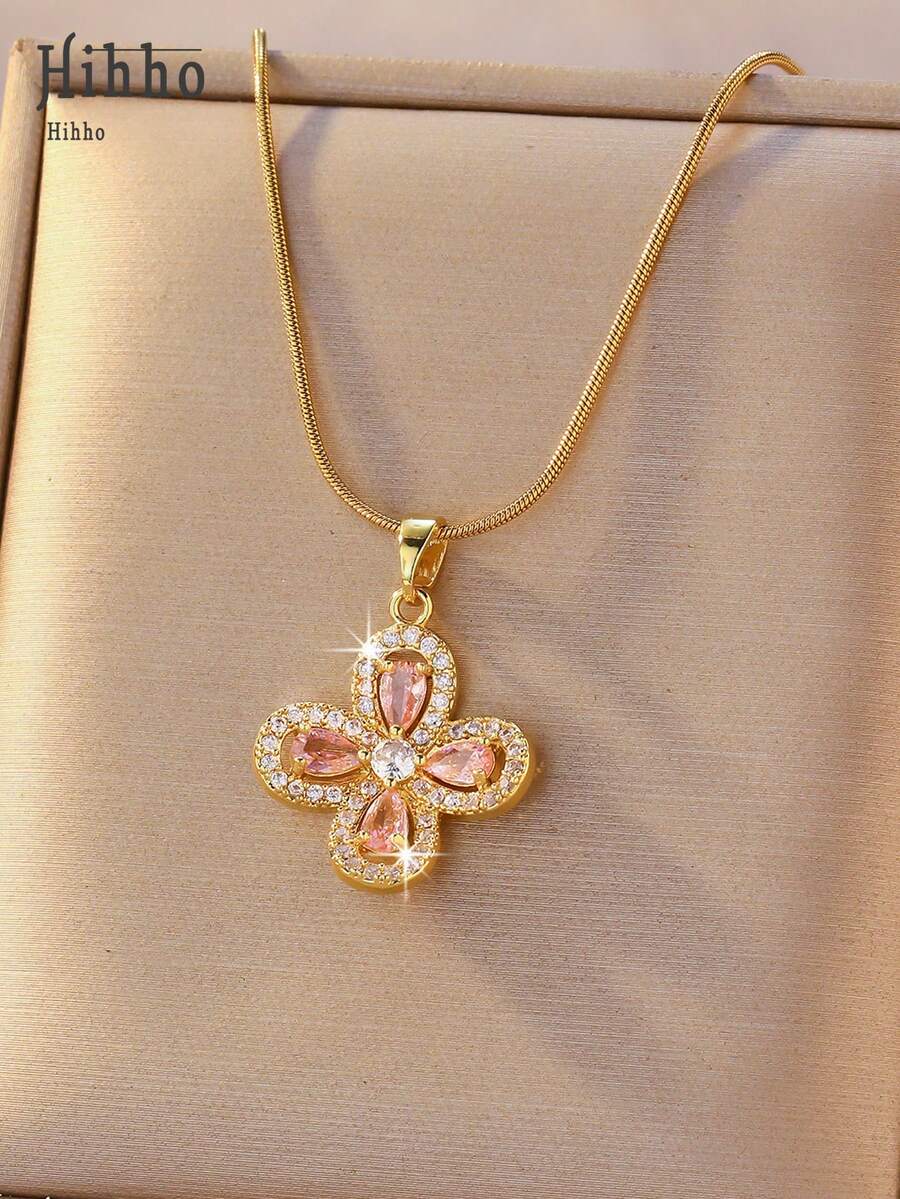 Hihho 1pc Elegant Cubic Zirconia Flower Pendant Necklace, Suitable For Students And Office Ladies, Gift For Girlfriend And Best Friend - Yellow Gold - View 1