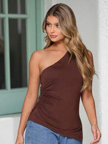 Women's Asymmetrical One-Shoulder Blouse With Bust Lining - Elegant Casual Style That Flatters The Silhouette - 摩卡棕 - 查看 4
