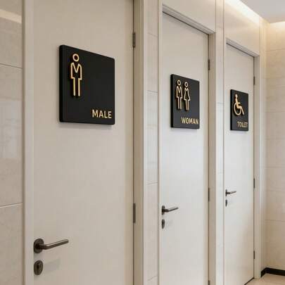 1个亚克力材质男女通用创意装饰浴室标牌，适用于浴室和洗手间，背面带粘胶，适用于酒店、公寓、商场、车站和其他公共场所，简约时尚设计。