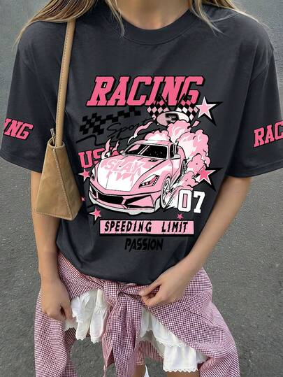 Girls' Round Neck Short Sleeve T-Shirt With Funny English Letters And Pink Stunt Bike Print, Comfortable For Summer Daily Wear