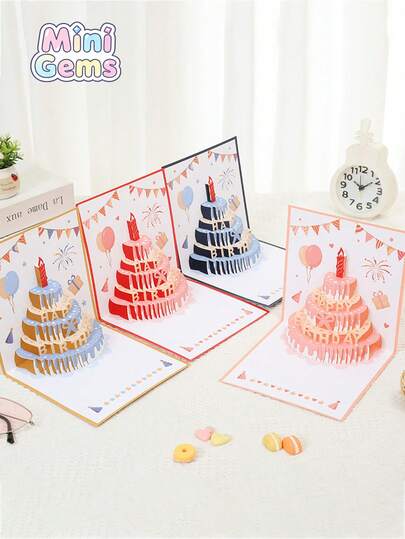 1张3D生日贺卡，彩色生日蛋糕，高级纸雕折叠祝福卡，生日礼物卡