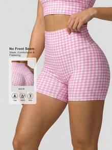 Sodalemon Pantalones cortos de yoga de talle alto a cuadros para mujer, verano - Rosa - Ver 2