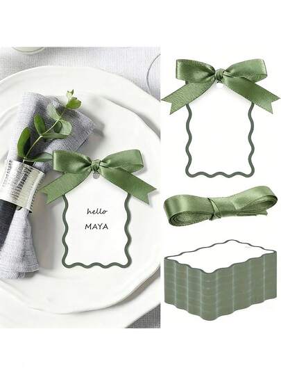 5sets Wave Edge Place Cards With Green Ribbon, Handwritten DIY Wedding Seating Cards, Suitable For Wedding Receptions, Parties, Dining Table Decor, Ideal For Wedding Name Cards, Party Table Cards, Gift Tags, Fresh Mori Style, Applicable For Wedding Dinner, Engagement Party And More Occasions