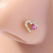 1个L型鼻钉，粉色心形鼻环，可爱闪亮14K镀金银鼻钉，女士/女孩鼻饰，20G L型弯鼻钉 - L069 - 查看 3