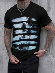 Men's Round Neck Palm Tree Print Short Sleeve T-Shirt - Multicolor - View 2