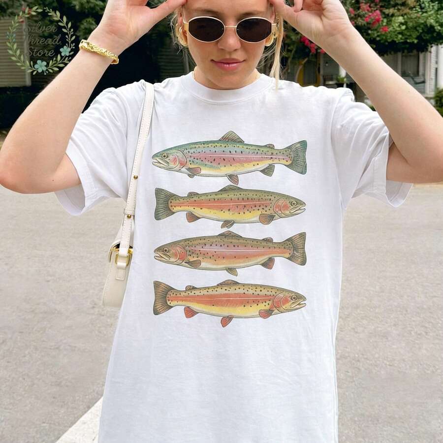 Women's Casual Crew Neck Short Sleeve T-Shirt, White Trout Fish Graphic Tee, Vintage Fishing Lover Outdoor Daily Wear Top - 白色 - 查看 1