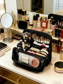 Bolsa de maquillaje con compartimentos verticales - Organizador de cosméticos de gran capacidad para viajes, diseño divisor multifuncional, material suave, caja de almacenamiento portátil de escritorio para productos de cuidado de la piel y herramientas de belleza, regalo para mujeres, regalo de Navidad, gran regalo para ella - Multicolor - Ver 4