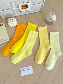5 Pairs Random Yellow Tone Comfortable Breathable Mid-Calf Socks, Versatile Daily Wear - Multicolor - View 2