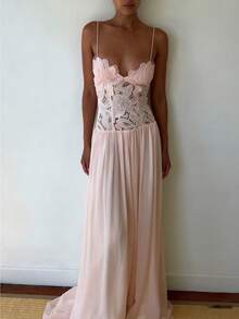 Sexy Spice Girl Casual Vacation Wind Embroidery Water Soluble Lace Hollow Splicing Chiffon Suspender Dress - 粉色 - 查看 2