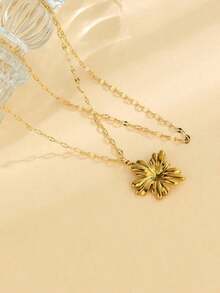 1pc Stainless Steel 18K Gold Plated Double Layer Floral Pendant Necklace, Elegant & Versatile Daily Decoration For Women ZBLY - Gold - 查看 3