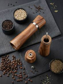 Premium Acacia Wood Salt And Pepper Grinder Set - Manual Spice Mill With Adjustable Coarseness Ceramic Core - Professional Wood Pepper Mill For Sea Salt, Peppercorn & Spices - Refillable Kitchen Tools - 咖啡棕 - 查看 7