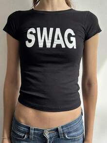 Swag Baby Tee, Minimalist Statement Graphic Y2K Streetwear Top, Pinterest  Baby Tee-Loose-Fit Easy Relaxed Style, - 黑色 - 查看 1