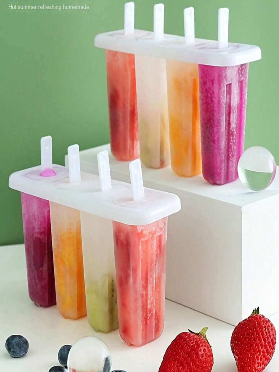 1/2 Bộ Khuôn Làm Kem Que 4 Ngăn Có Nắp, Khuôn Làm Kem Que Dễ Thương Để Tự Làm Kem, Kem Que và Kem Xé Tại Nhà - Nhiều màu - Xem 1