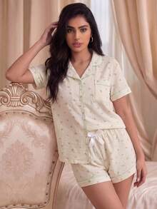 2pcs/Set Women's Ditsy Floraled Summer Pajama Set, Short Sleeve Button-Down Shirt And Shorts, Casual Loungewear For Summer., Two Pieces Set - Apricot - View 1