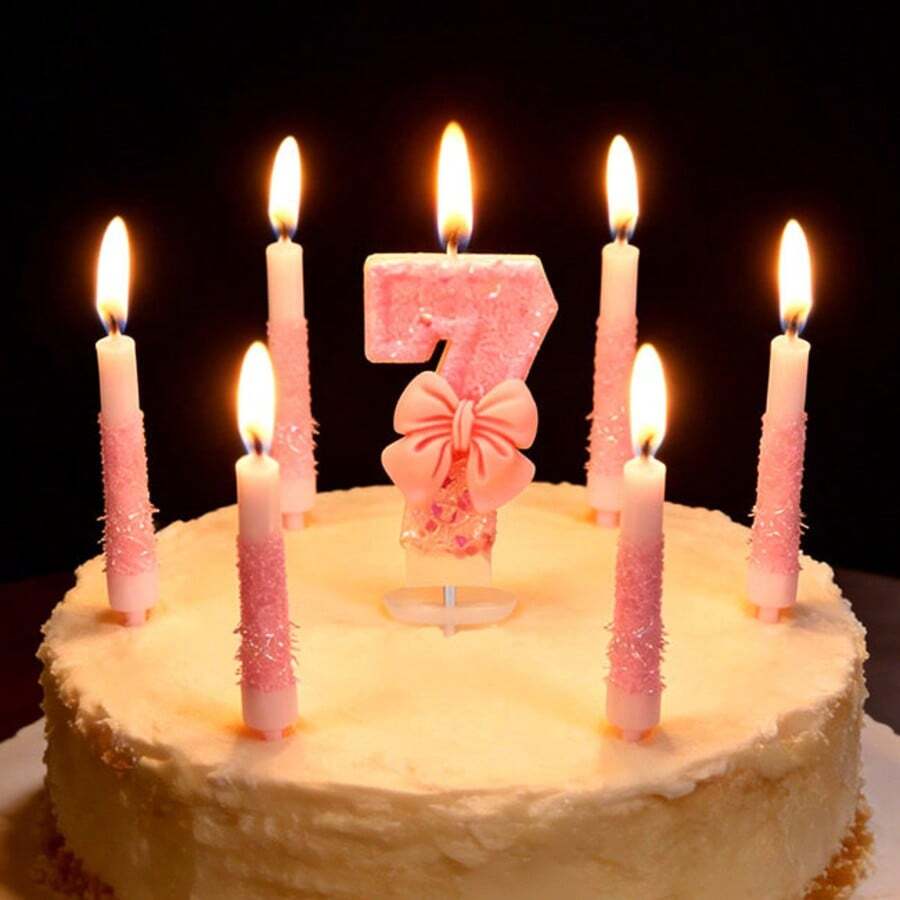 1 Set Shiny Pink Bow Birthday Candle, Numbered Candles 0-9, With Pink Bow Decor Cake Topper Set, Suitable For Birthday Celebration, Graduation Anniversary Party, Back To School DIY, Valentine's Day Anniversary, Graduation Party And More - Birthday Candle Number - View 1