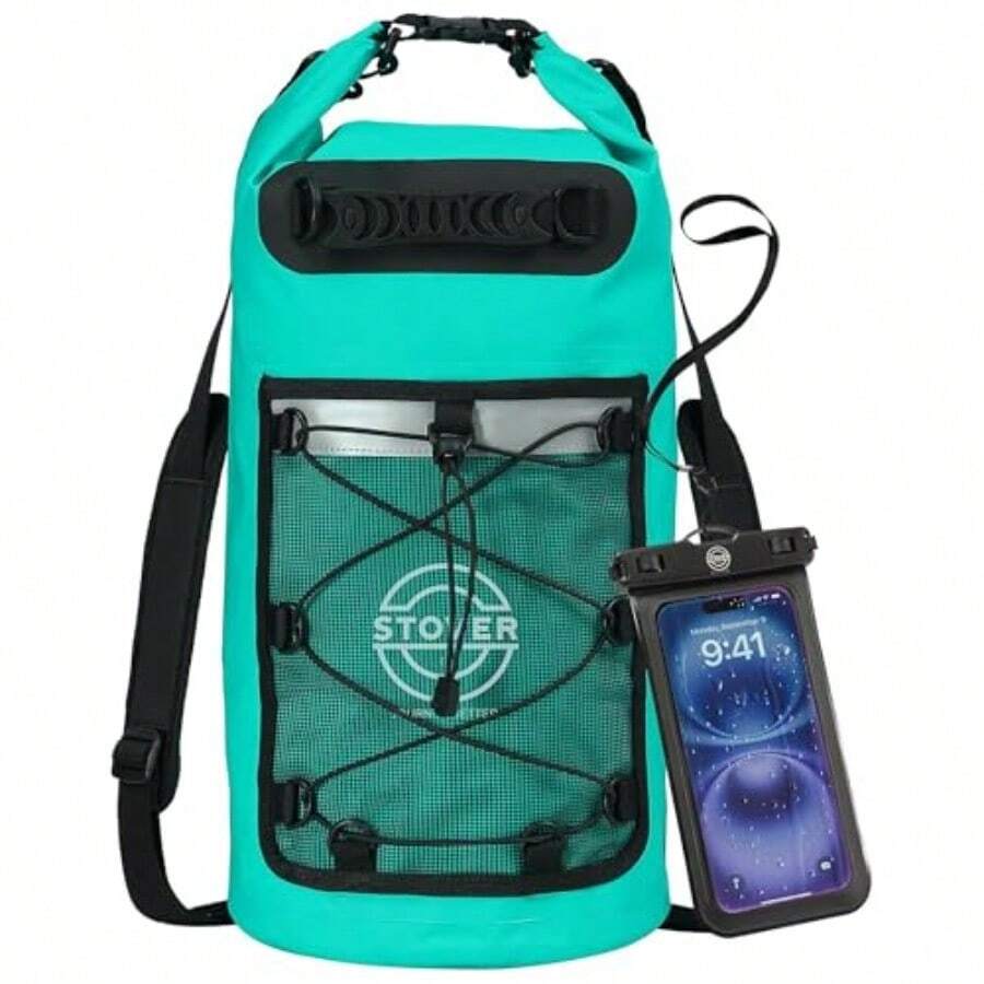 STOVER 5/10/25/30/40/55L Bolsa seca impermeable - Mochila enrollable con funda para teléfono kayak senderismo camping barco hombres/mujeres - Mochila de 25 litros color turquesa con funda para teléfono - Ver 1