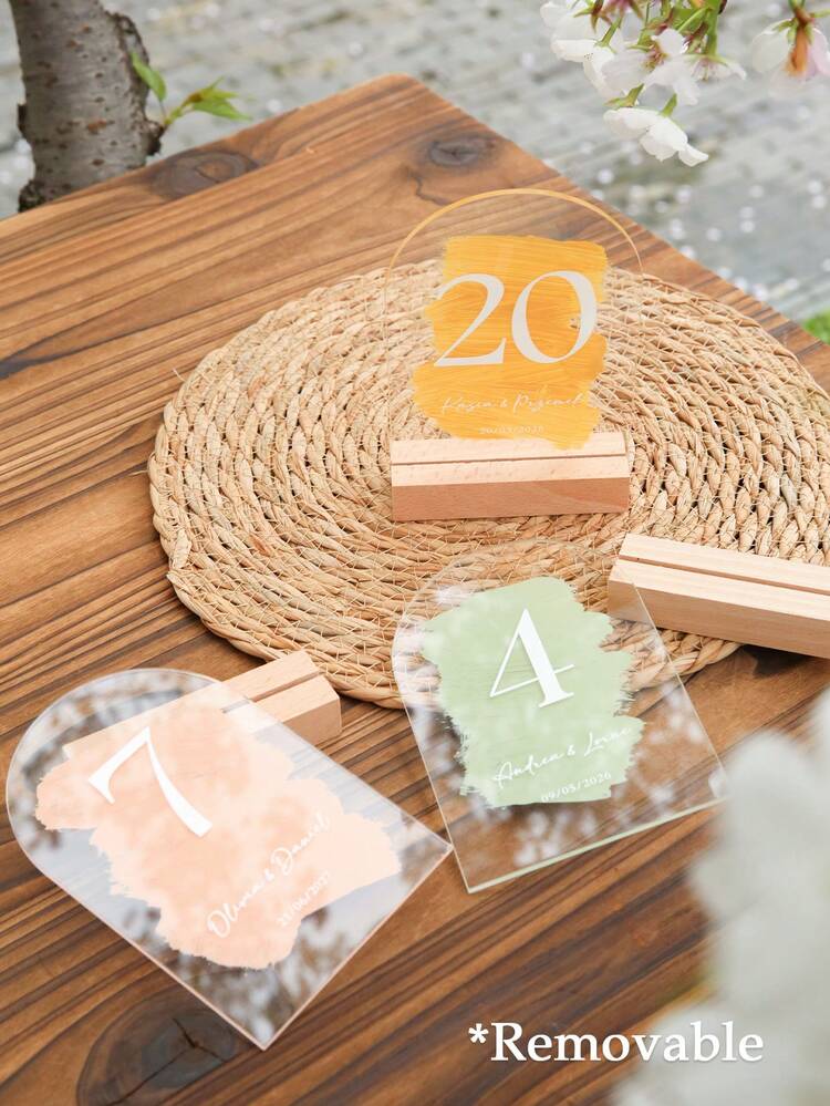 Custom Hand Painted Acrylic Semicircular Seat Sign Wooden Holder Unique Color Pattern For Each Piece Customized Wedding Table Number Personalized Transparent Acrylic Table Number For Wedding Signs Decoration Table Number Holder Customise Table Sign Holder Business Card Photo Picture Holder 20pcs/10pcs/5pcs/1pc Suitable For Weddings Parties Birthdays Christmas - Multicolor - View 11