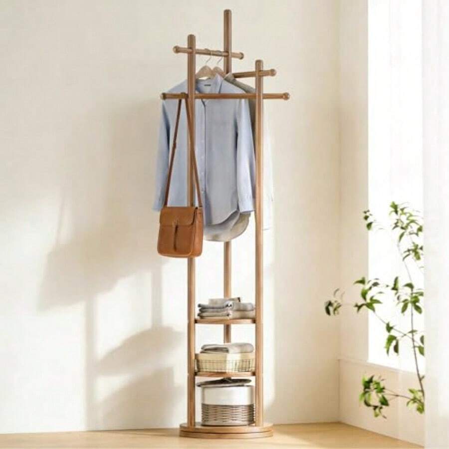 Owii Perchero Giratorio Perchero Para Ropa Independiente de Madera Perchero Resistente con Estante de Almacenamiento y 3 Barras Transversales para Entrada Oficina Dormitorio 40*40*171CM Nogal - Bastante - Ver 1