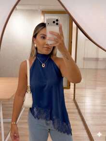 Women's Asymmetrical Cropped High Neck Halter Blouse With Lace Tie At The Neck - Boho Chic, Casual, Elegant,  Autumn/Winter Fashion - 藏蓝色 - 查看 2