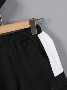 Set de 2 piezas de pantalones cortos con bolsillos cargo y camiseta de color contrastante para niños, conjunto de ropa casual de verano para niños de 8 a 12 años - Blanco y Negro - Ver 7