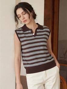 Women's Elegant Striped Collared Sleeveless Knit Pullover Sweater Top, Suitable For Spring/Summer Casual, Daily, Commute, Office Wear Black - Black - View 5