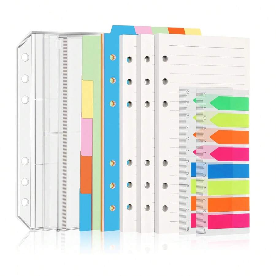 A6 Loose-Leaf Notebook Refill Paper 135 Sheets Spiral Notebook Inner Paper 3 Loose-Leaf Binder Pockets 10 Dividers 160 Fluorescent Sticky Notes Suitable For A6 Loose-Leaf Reusable Personal Planner - A6 - View 1