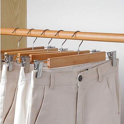 1/3/5pcs Wooden Pant Hangers With Metal Clips, Grip-Style Pant Racks, Smooth Solid Wood Jeans/Skirt Clothes Hanger, 360° Rotating Hook - Clip-Type Hangers, Suitable For Pants, Skirts, Casual Trousers
