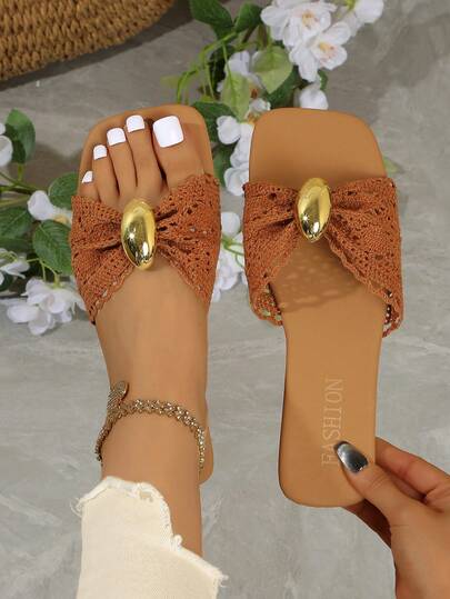 New Women's Sandals, Square Toe Design, Fresh Bow Decor, Luxury Gold Buckle, Easy To Wear And Take Off, Lightweight And Comfortable, Versatile, Casual, Suitable For Home/Outdoor, Countryside Resort Style, Street Fashion Beach Slippers