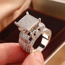 Nhẫn hình trái tim khảm đá Zirconia siêu nhỏ, thiết kế cổ điển với đầy đủ kim cương. - trắng - Xem 16