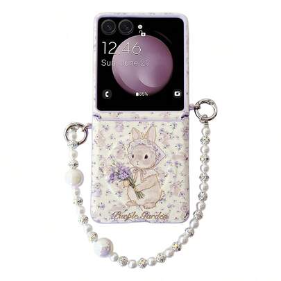 1pc PU Leather Foil Rabbit Pattern Magnetic Phone Case & 1pc Bracelet, Hard PC Backplate Protective Phone Cover, Supports Wireless Charging, Fits Galaxy Z Flip7, Z Flip7FE, Z Flip6, Z Flip5