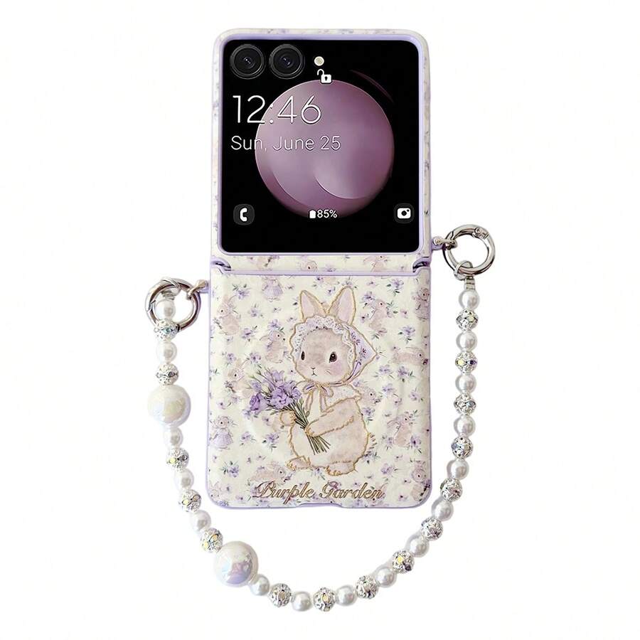 1pc PU Leather Foil Rabbit Pattern Magnetic Phone Case & 1pc Bracelet, Hard PC Backplate Protective Phone Cover, Supports Wireless Charging, Fits Galaxy Z Flip7, Z Flip7FE, Z Flip6, Z Flip5